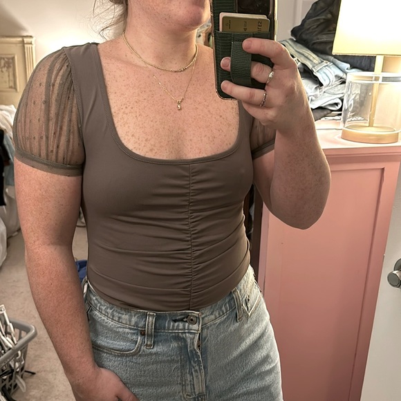 Free People Blush Up Cami Ruched Gray Lace Polka Dot - Picture 3 of 5